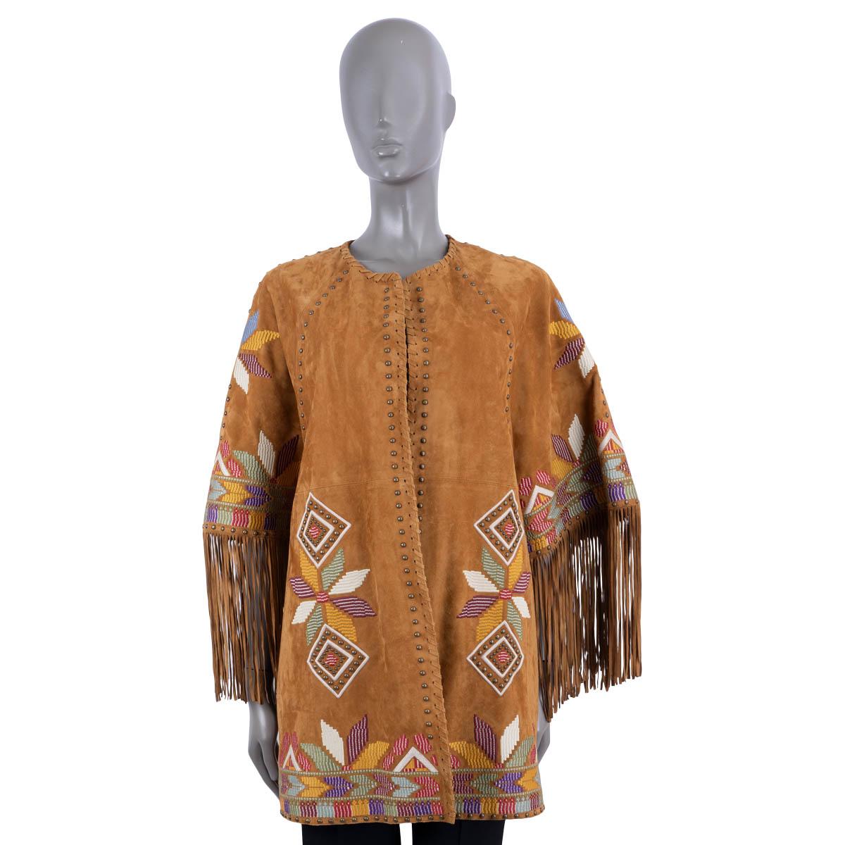 Brown ETRO Amber brown suede 2022 EMBROIDERED FRINGED Jacket 40 S For Sale
