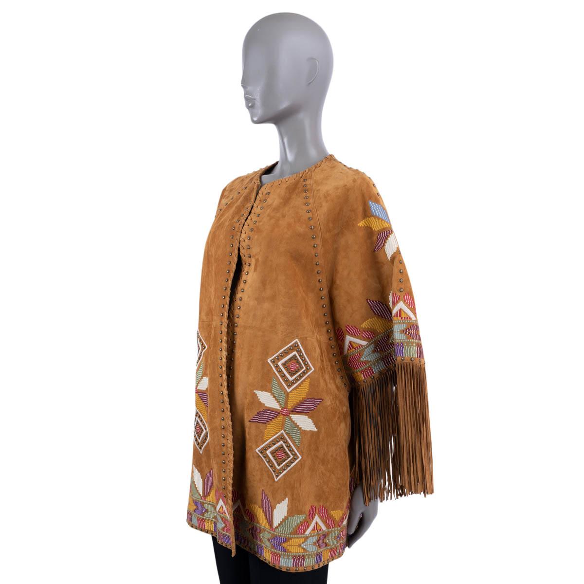 ETRO Amber brown suede 2022 EMBROIDERED FRINGED Jacket 40 S In Excellent Condition For Sale In Zürich, CH