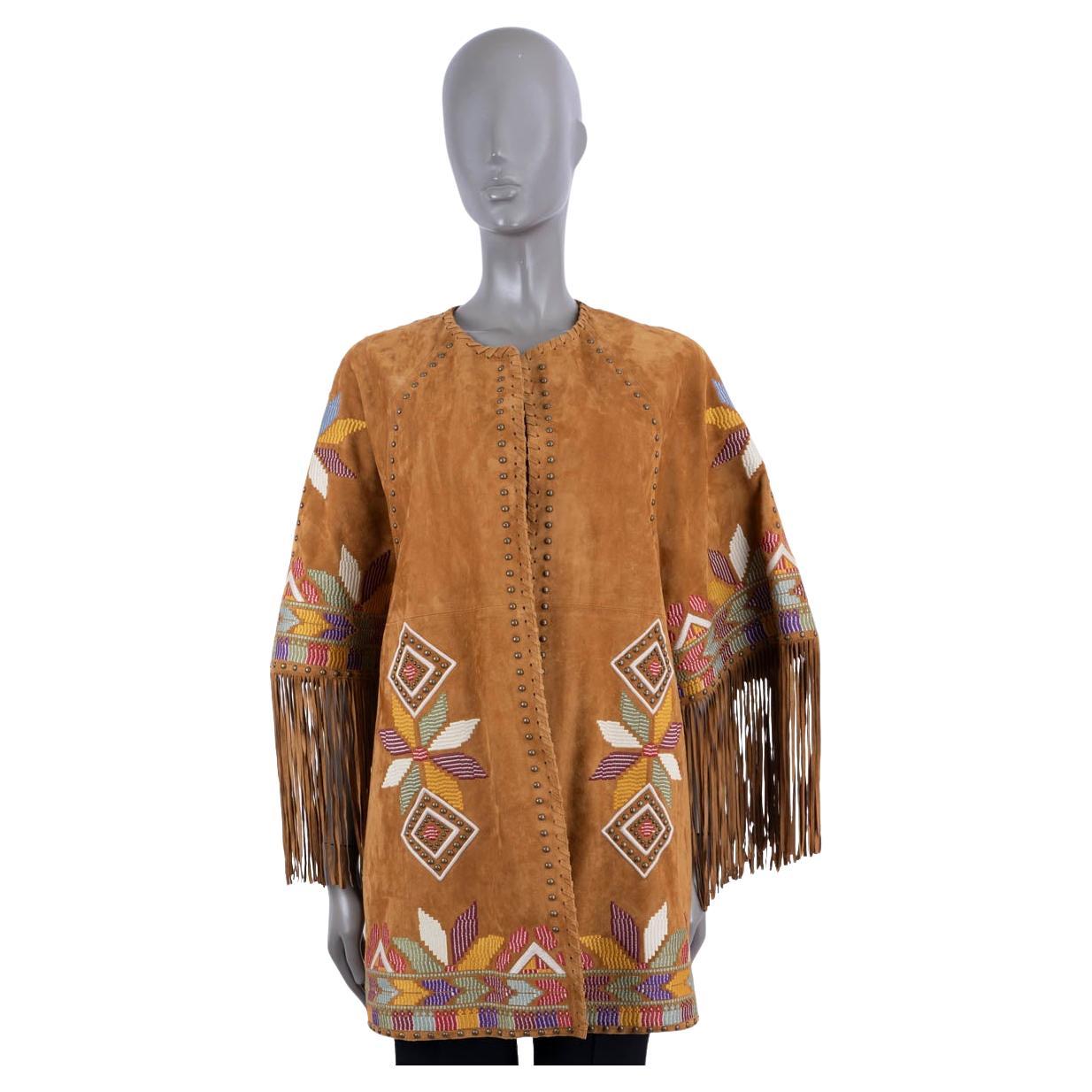 ETRO Amber brown suede 2022 EMBROIDERED FRINGED Jacket 40 S For Sale