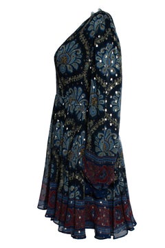 Etro, balloon sleeve silk jacquard minidress in blue