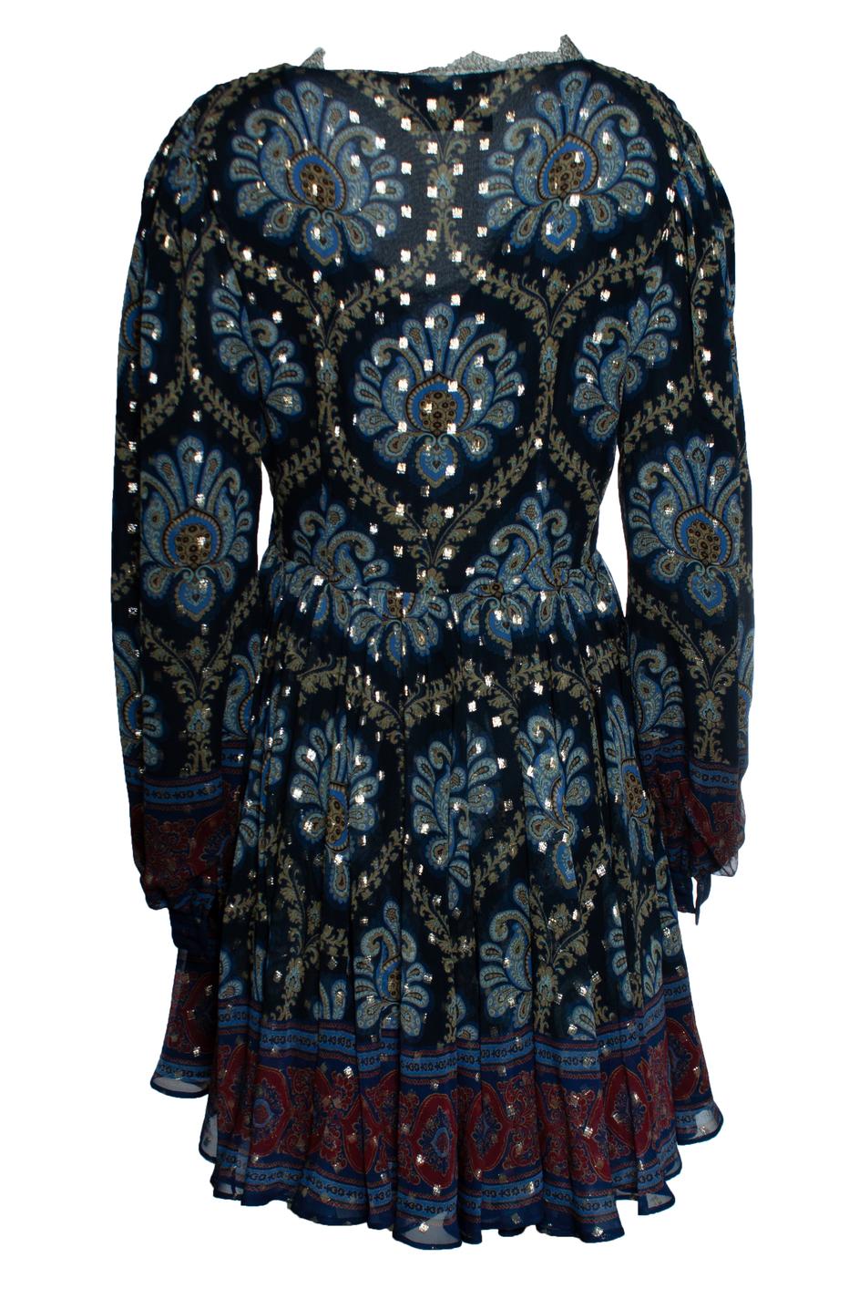 Black Etro, balloon sleeve silk jacquard minidress in blue For Sale