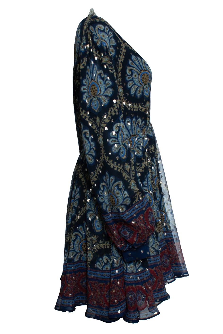 Etro, balloon sleeve silk jacquard minidress in blue In Excellent Condition For Sale In AMSTERDAM, NL
