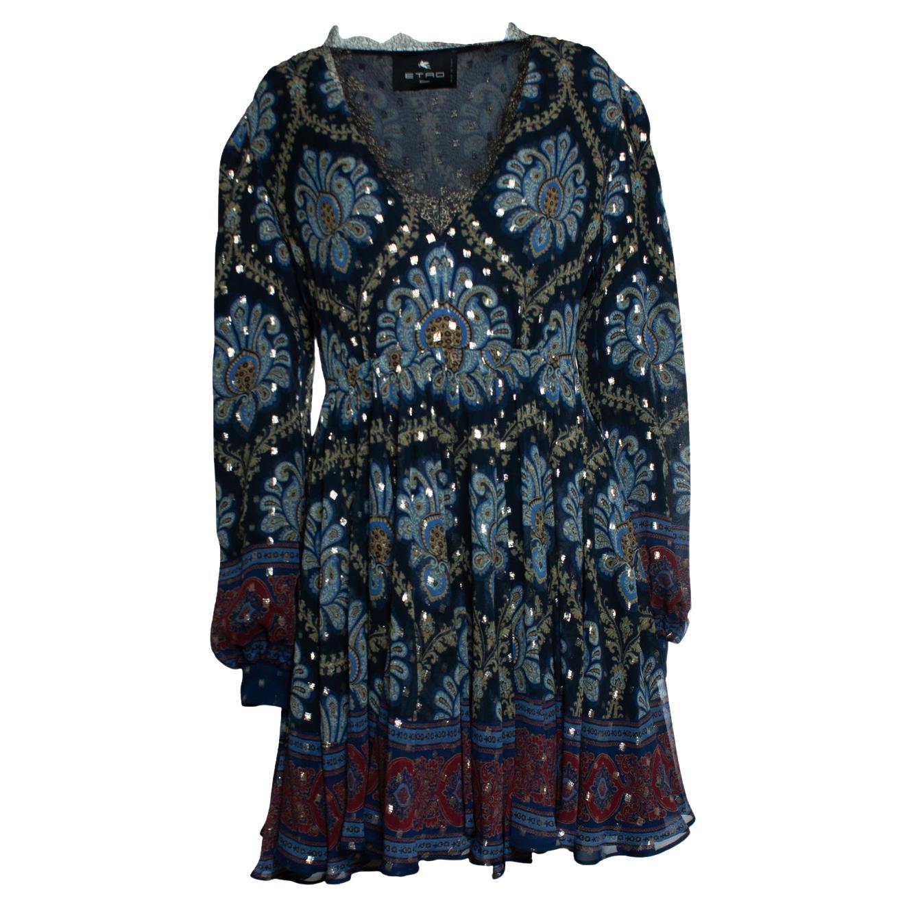 Etro, balloon sleeve silk jacquard minidress in blue For Sale