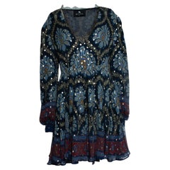Etro, minivestido de manga globo en jacquard de seda azul
