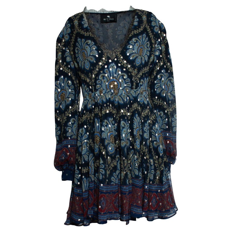 Etro, balloon sleeve silk jacquard minidress in blue For Sale at 1stDibs