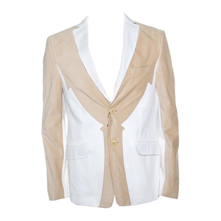 Etro Beige and White Faux Suede Patch Detail Two Button Blazer XL