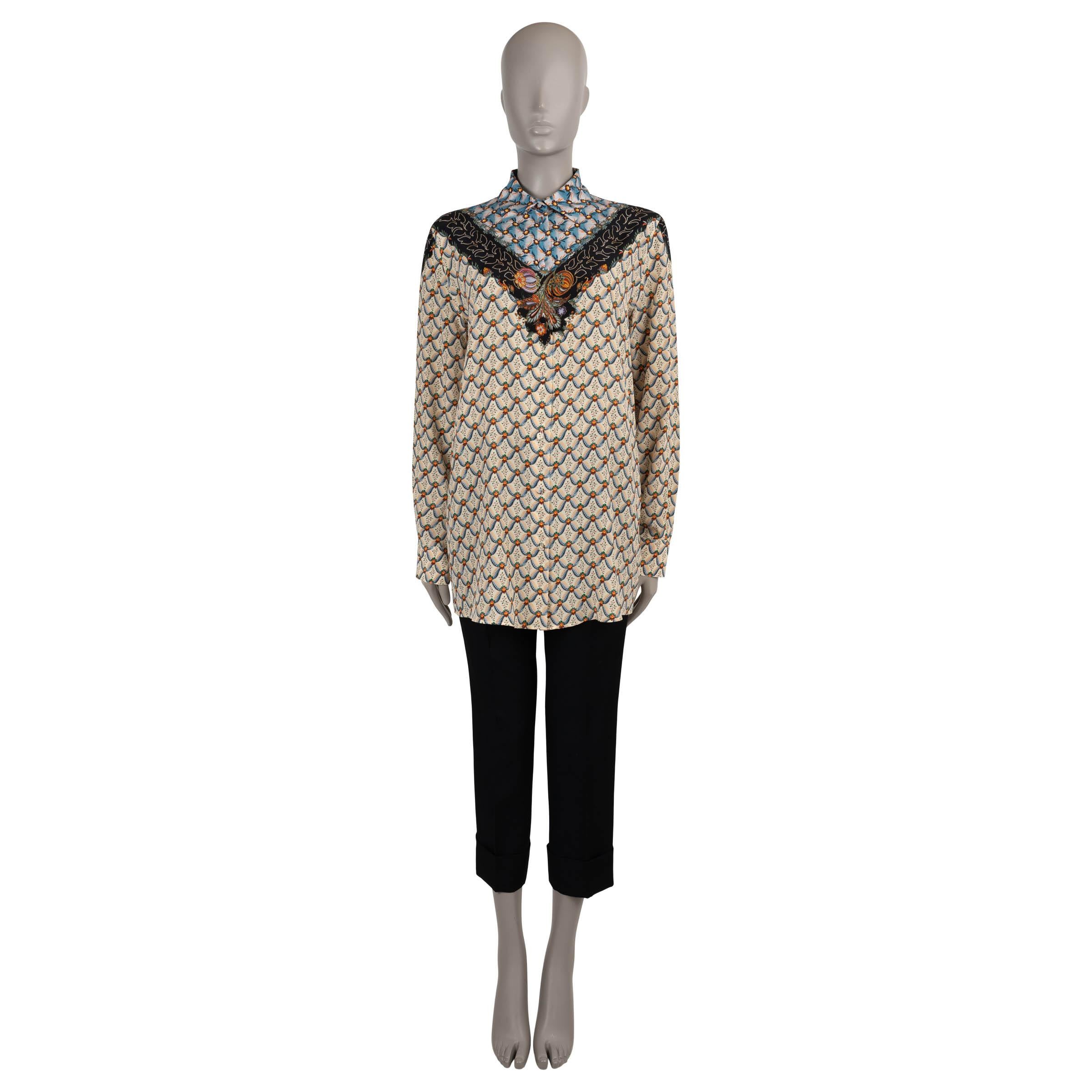 ETRO beige & blue silk 2023 FLORALIA CREPE Blouse Shirt 40 S In Excellent Condition For Sale In Zürich, CH