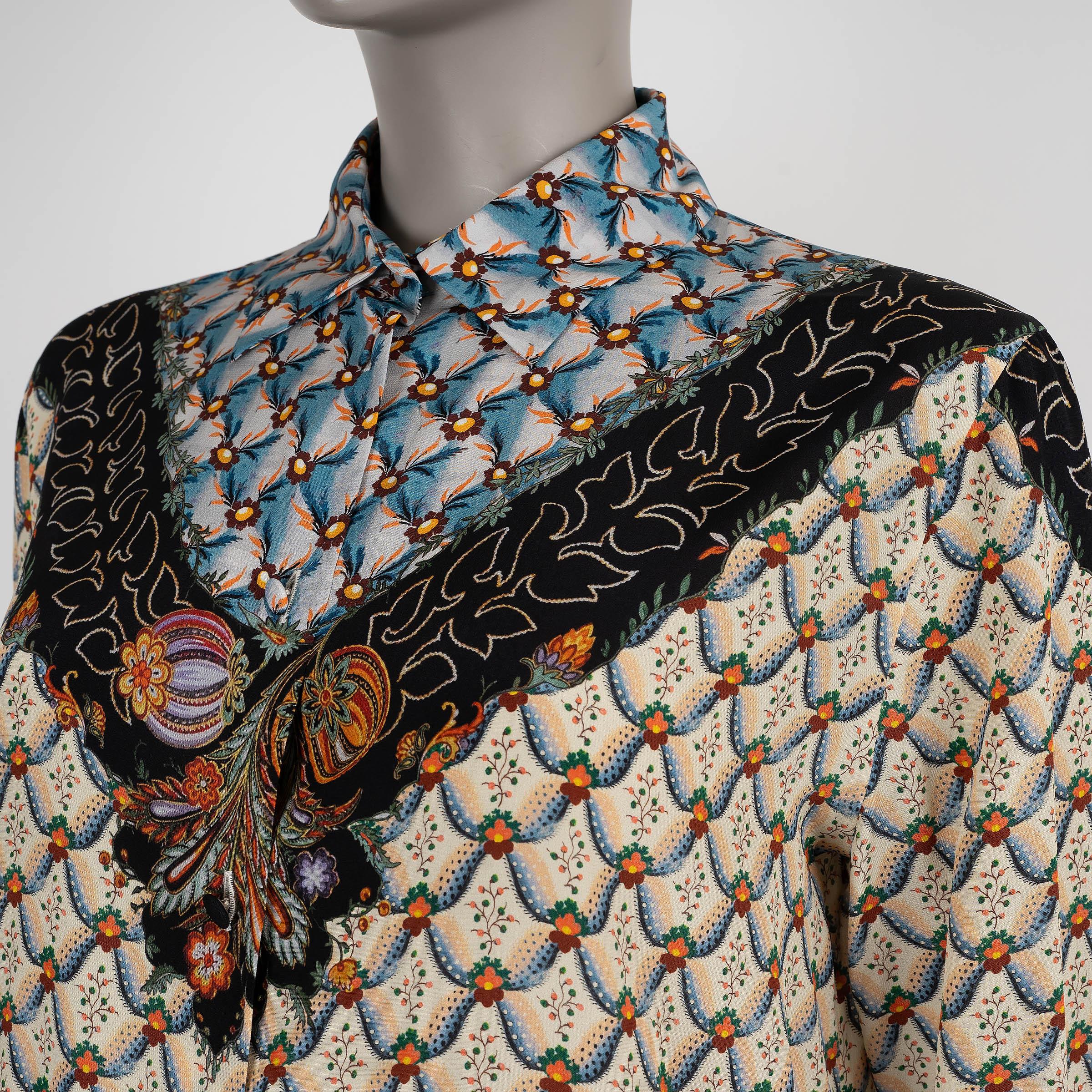 Women's ETRO beige & blue silk 2023 FLORALIA CREPE Blouse Shirt 40 S For Sale