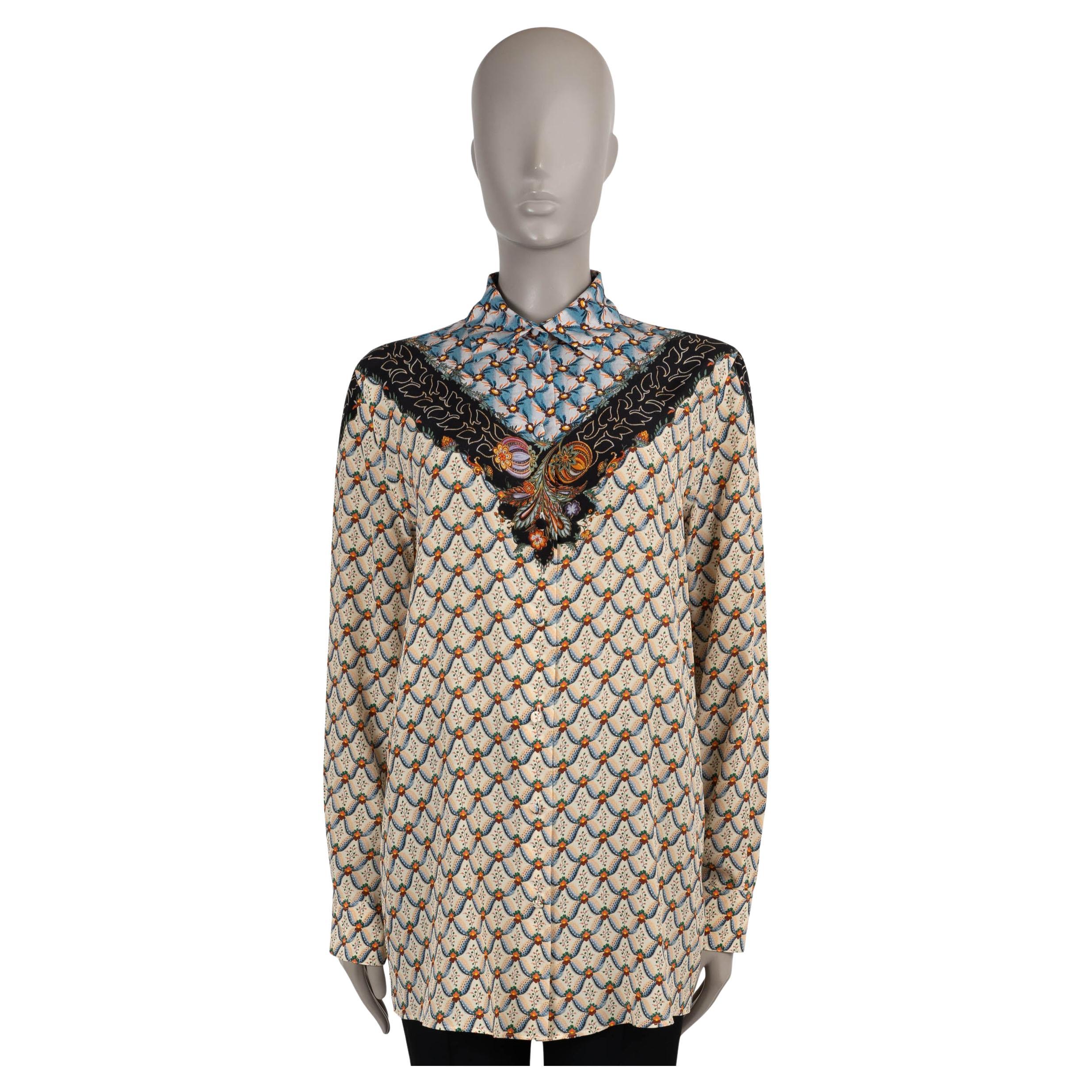 ETRO beige & blue silk 2023 FLORALIA CREPE Blouse Shirt 40 S For Sale