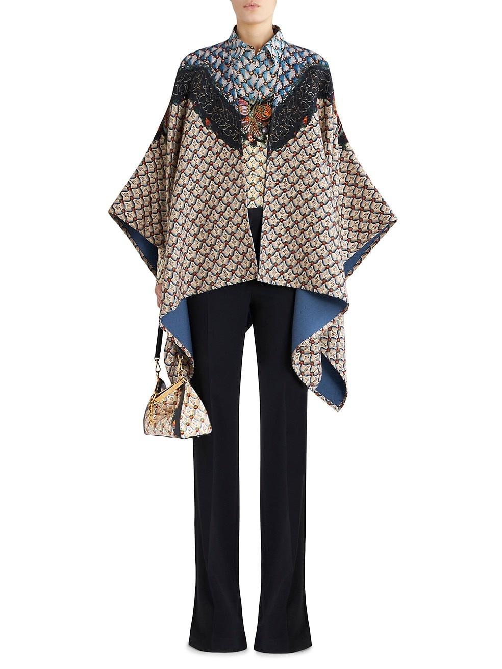 ETRO beige & blue wool 2023 FLORALIA TWILL CAPE Jacket One Size For Sale 2