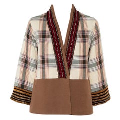 Etro Beige Checkered Paneled Cotton Tribal Trim Kimono Jacket M