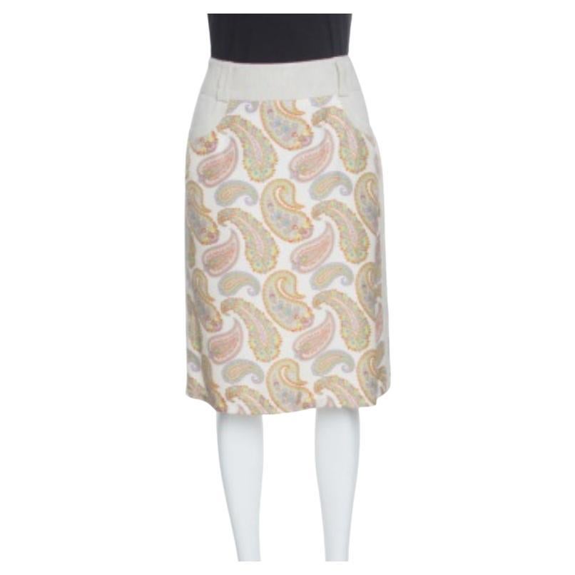 Etro Beige Seda Lino Paisley Impreso Falda M en venta