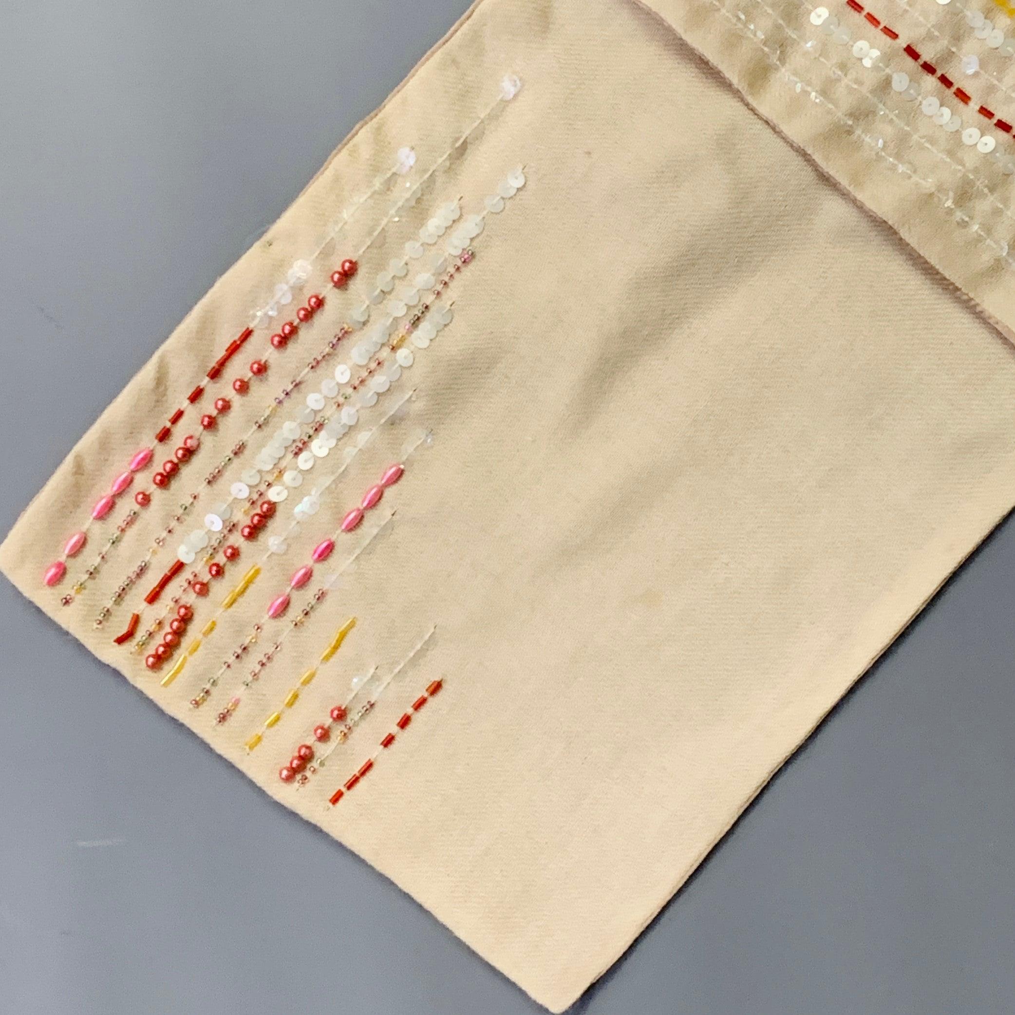 ETRO Beige Multi Color Beaded Leather Wool Silk Sequined Scarf In Good Condition For Sale In San Francisco, CA
