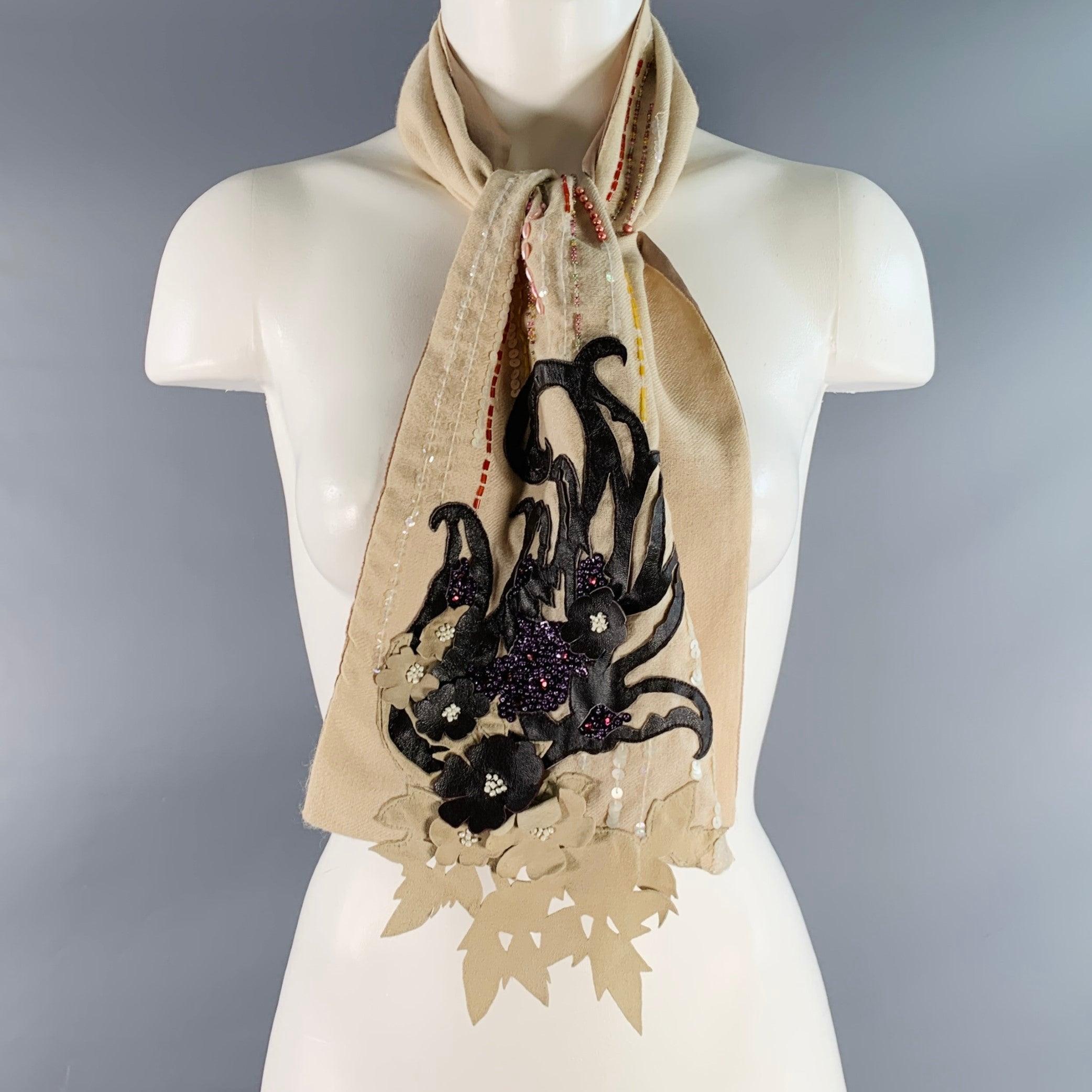 ETRO Beige Multi Color Beaded Leather Wool Silk Sequined Scarf For Sale 3