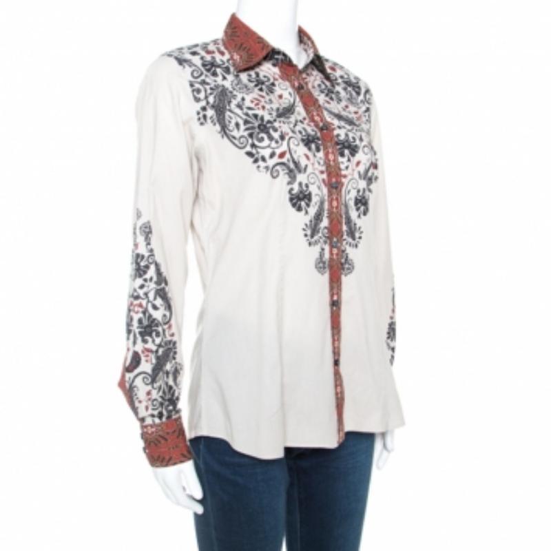 Etro Beige bedrucktes Hemd aus Stretch-Baumwoll mit Knopfleiste vorne L im Zustand „Gut“ im Angebot in Dubai, Al Qouz 2