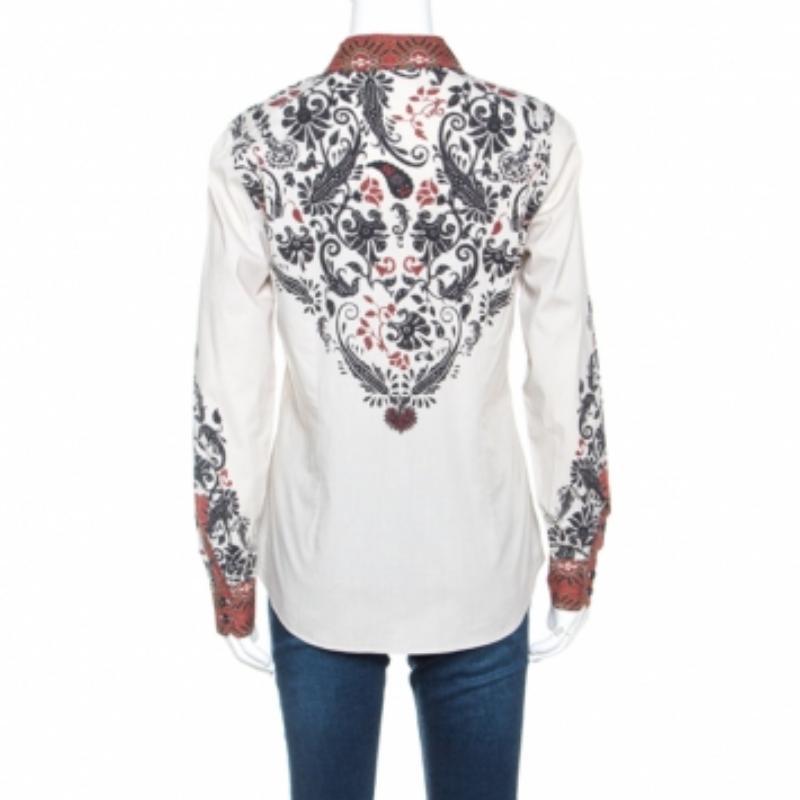 Etro Beige bedrucktes Hemd aus Stretch-Baumwoll mit Knopfleiste vorne L Damen im Angebot