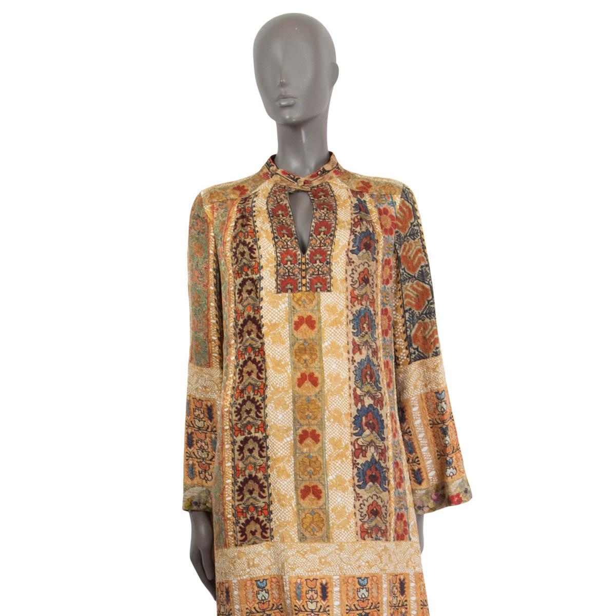 ETRO beige silk FLORAL STRIPE Long Sleeve Shift Dress 42 M In Excellent Condition For Sale In Zürich, CH