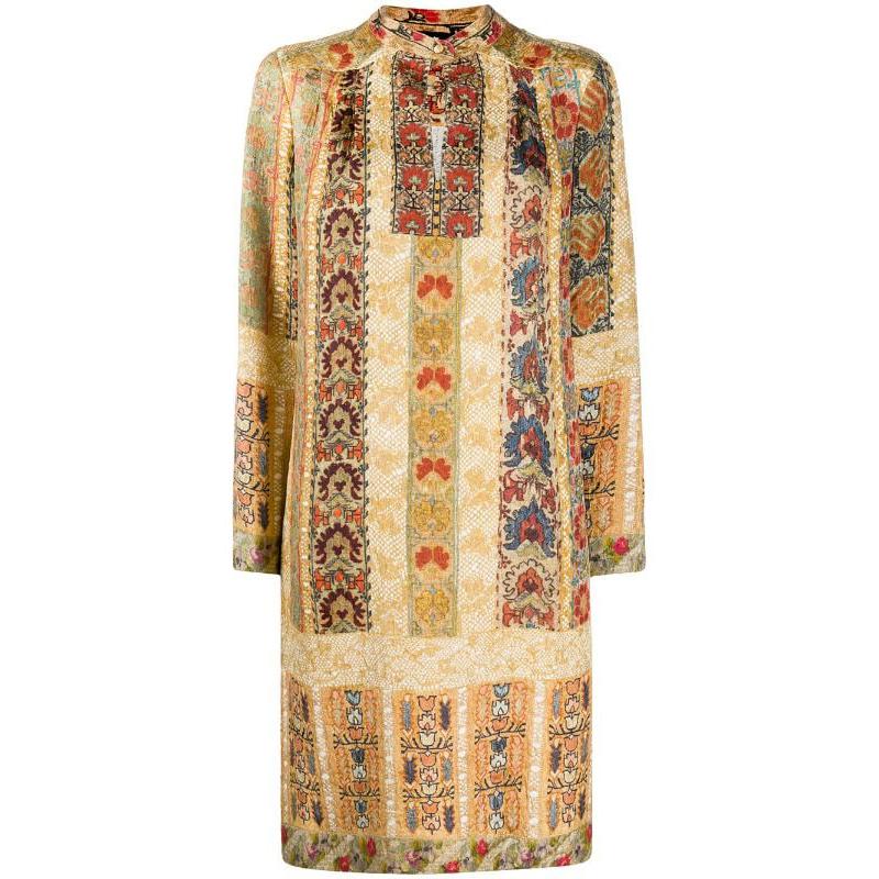 ETRO beige silk FLORAL STRIPE Long Sleeve Shift Dress 42 M For Sale