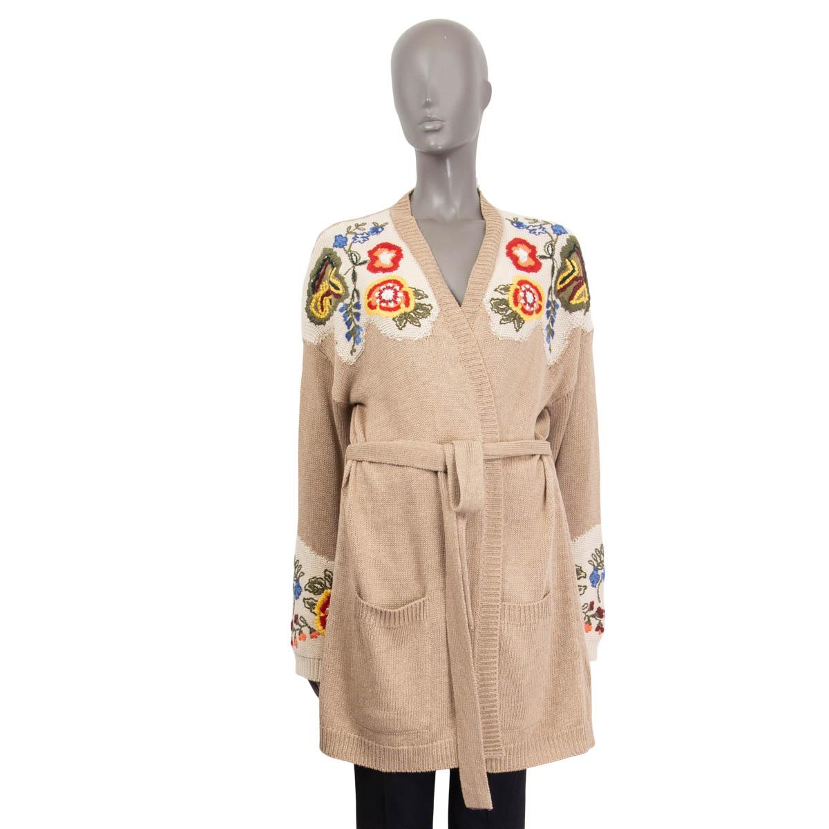 Beige ETRO beige silk linen 2021 FLORAL EMBROIDERED BELTED Cardigan Knit Jacket 46 XXL For Sale