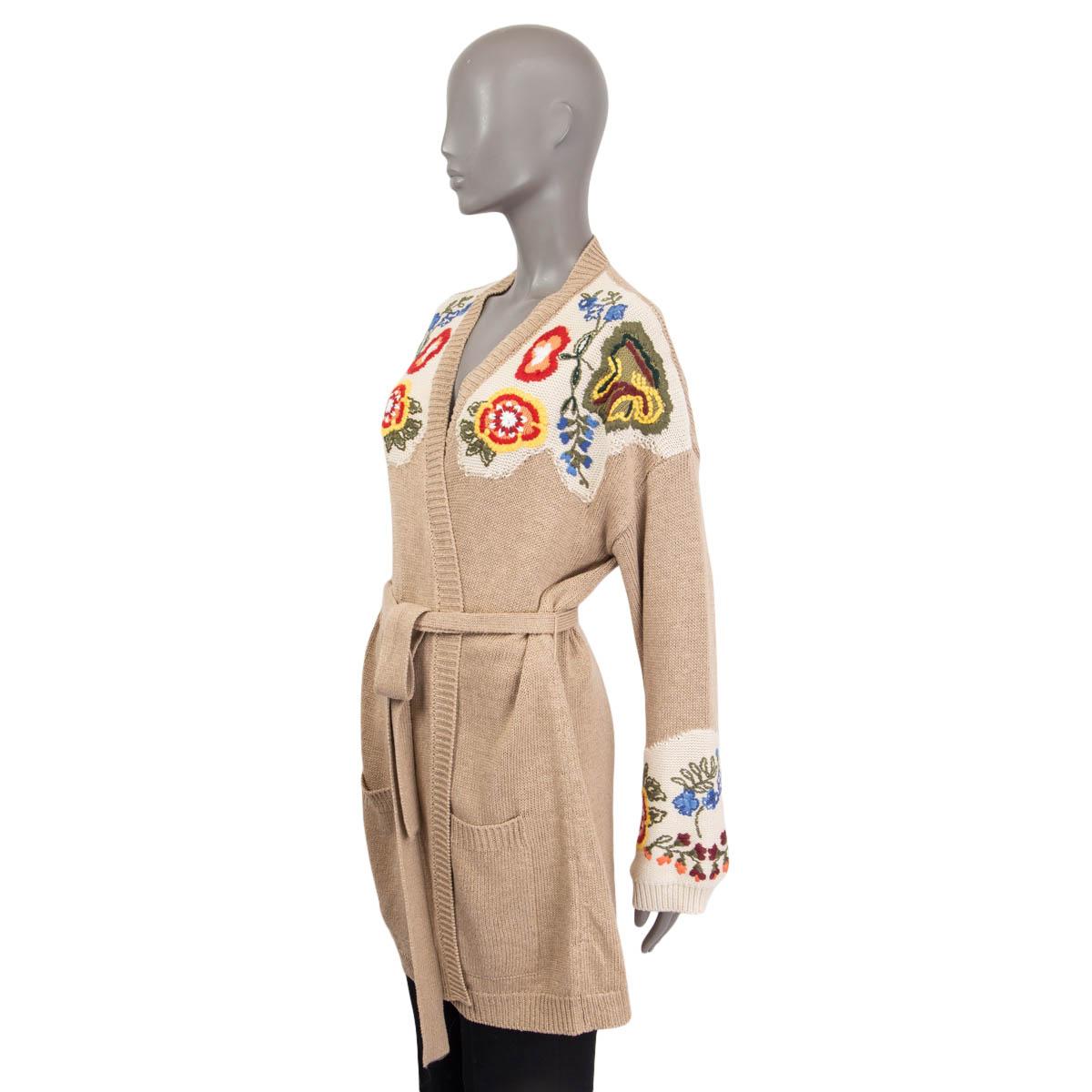 ETRO beige silk linen 2021 FLORAL EMBROIDERED BELTED Cardigan Knit Jacket 46 XXL In New Condition For Sale In Zürich, CH