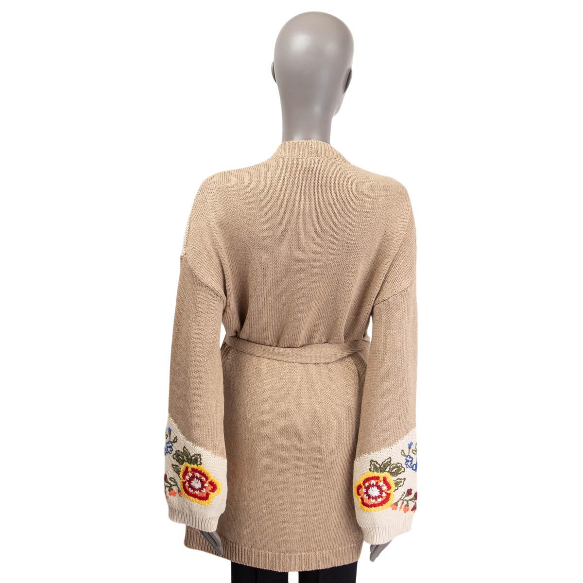 Women's ETRO beige silk linen 2021 FLORAL EMBROIDERED BELTED Cardigan Knit Jacket 46 XXL For Sale