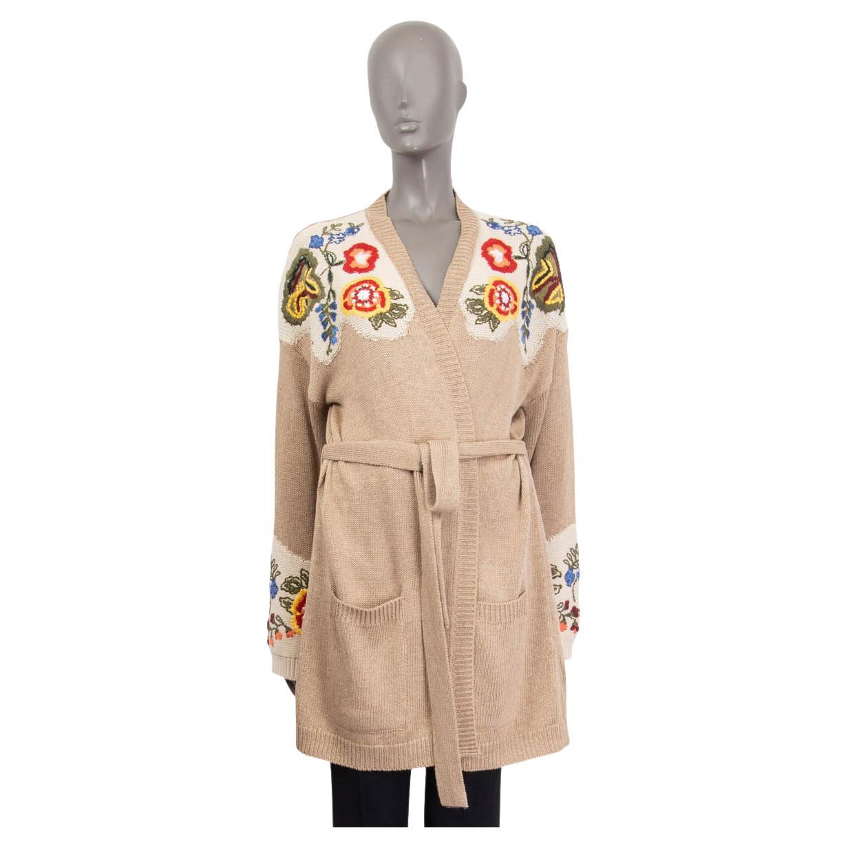 ETRO beige silk linen 2021 FLORAL EMBROIDERED BELTED Cardigan Knit Jacket 46 XXL For Sale