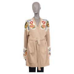 Cardigan en lin de soie beige ETRO 2021 FLORAL EMBROIDERED BELTED Cardigan Knit 46 XXL