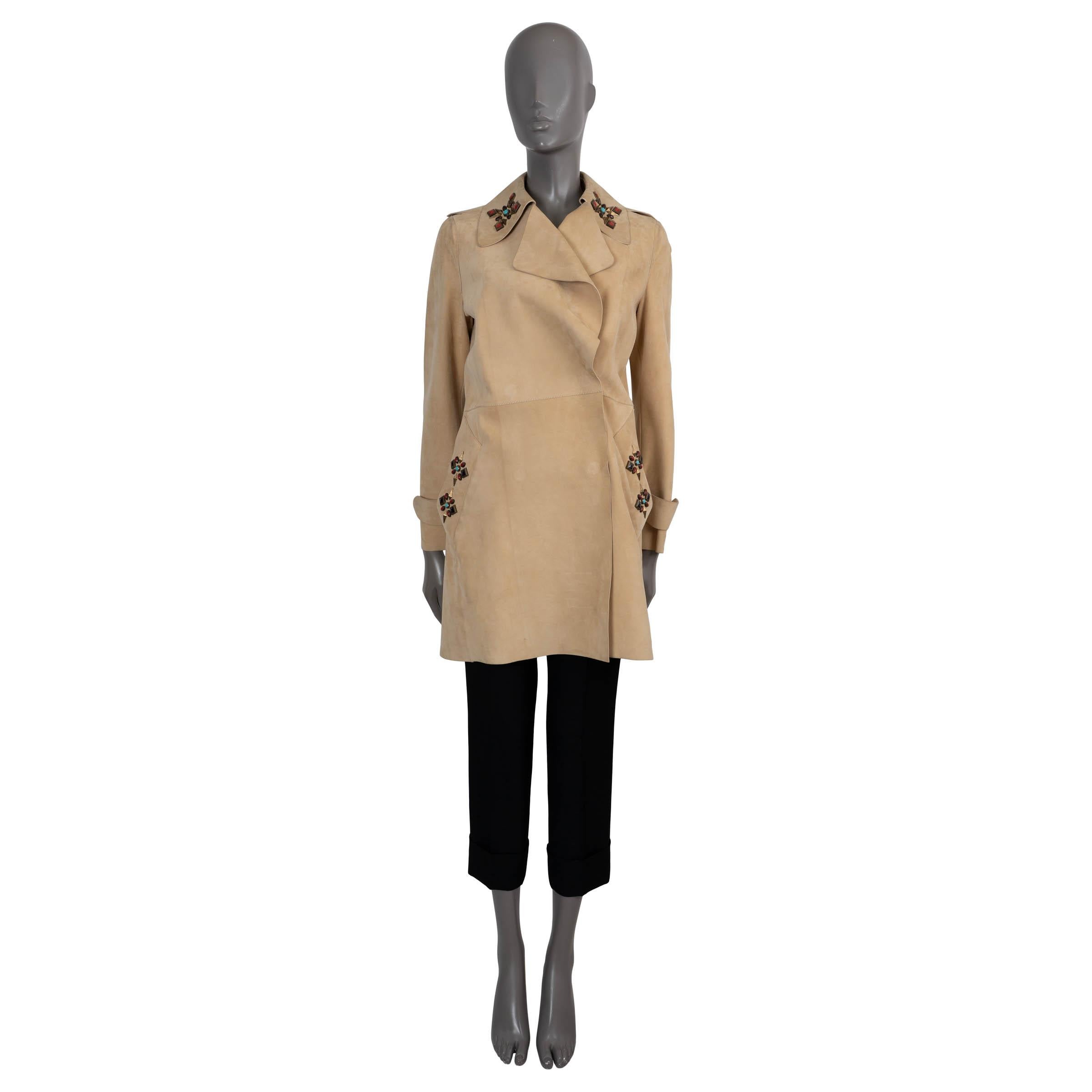 ETRO beige suede BEAD EMBELLISHED Coat Jacket 42 M In Fair Condition For Sale In Zürich, CH