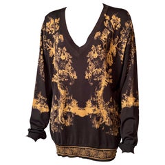 Etro Black and Gold Wool and Silk Pullover Sweater with a Fanciful Nature Scene