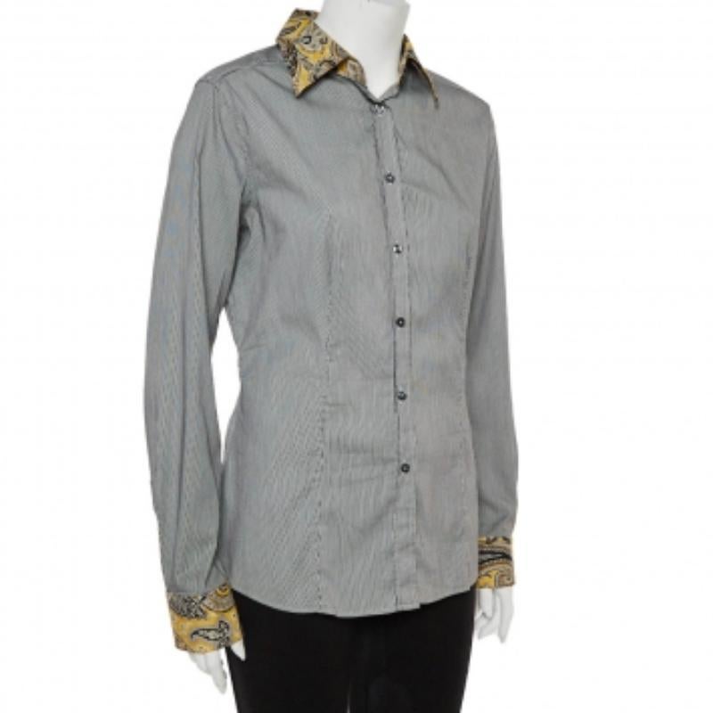 Etro Black and White Cotton Stripe Body with Paisley Print Shirt L For Sale 2