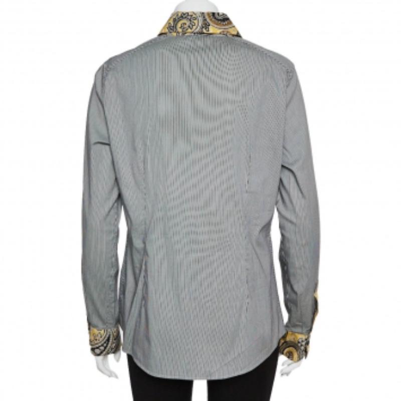 Etro Black and White Cotton Stripe Body with Paisley Print Shirt L For Sale 3