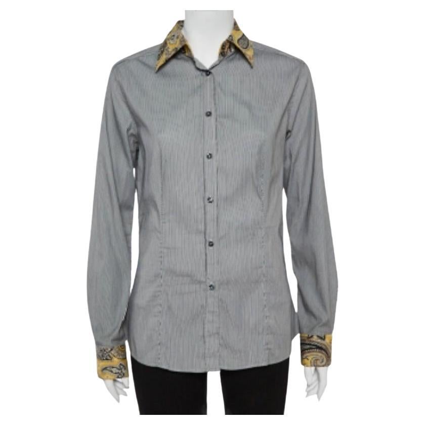 Etro Black and White Cotton Stripe Body with Paisley Print Shirt L For Sale
