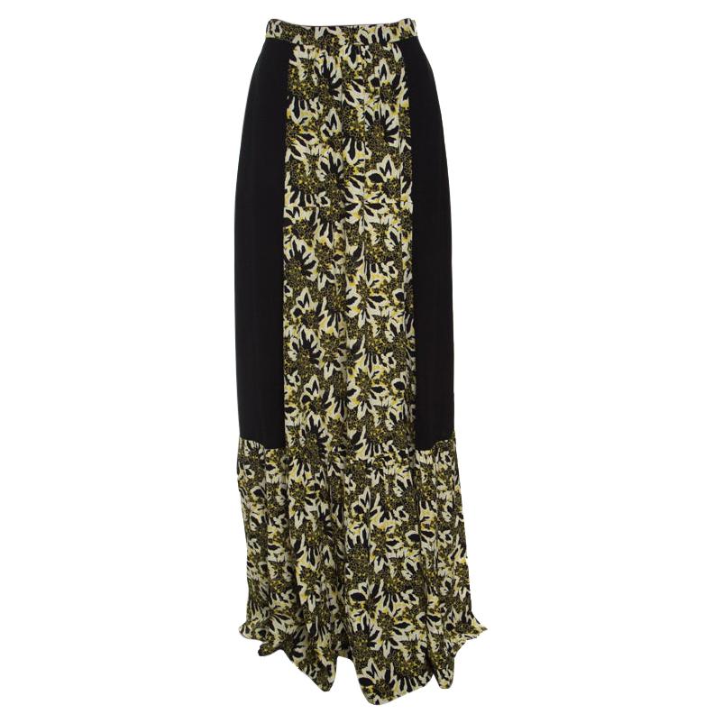 Etro Black and Yellow Floral Printed Silk Maxi Skirt S