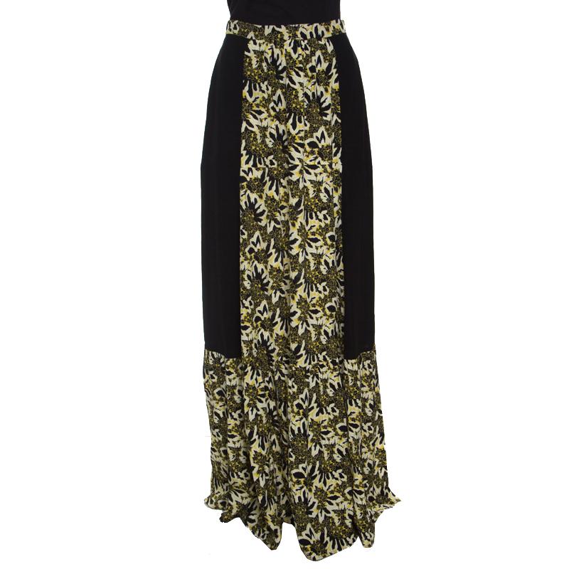 Etro Black and Yellow Floral Printed Silk Maxi Skirt S
