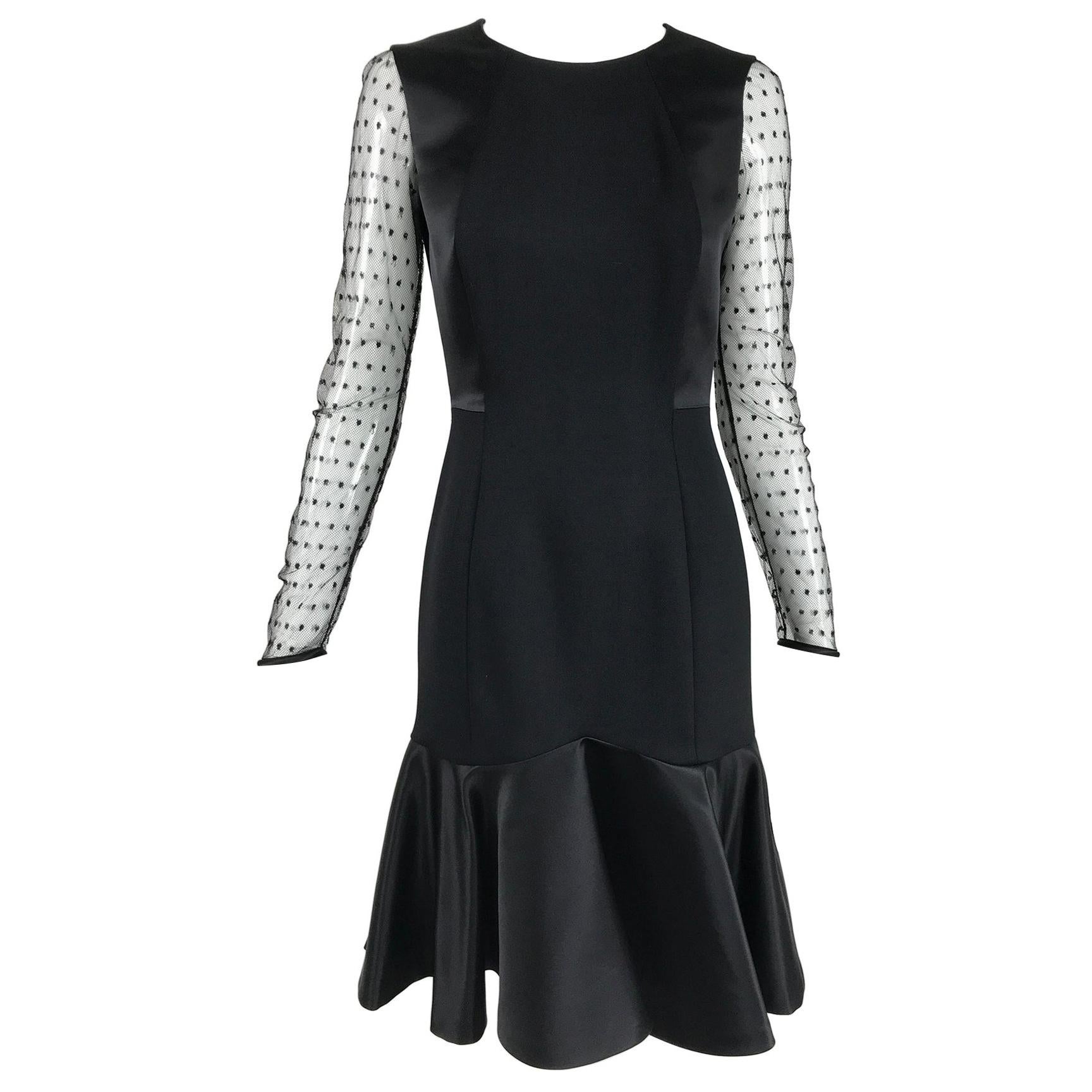 Etro Black Cocktail Dress with Dotted Tulle Sleeves and Satin Hem For Sale