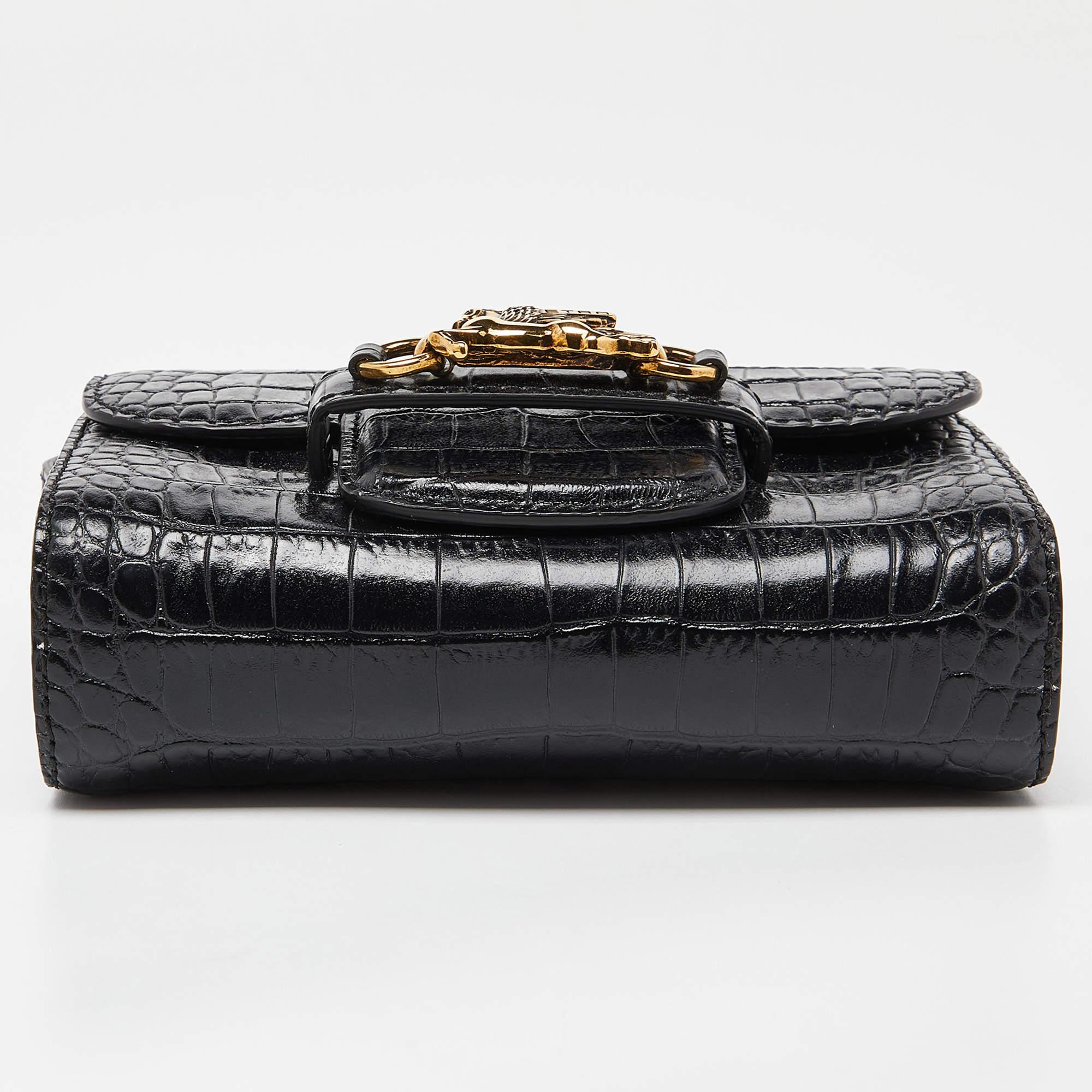 Etro Black Croc Embossed Leather Flap Shoulder Bag For Sale 8