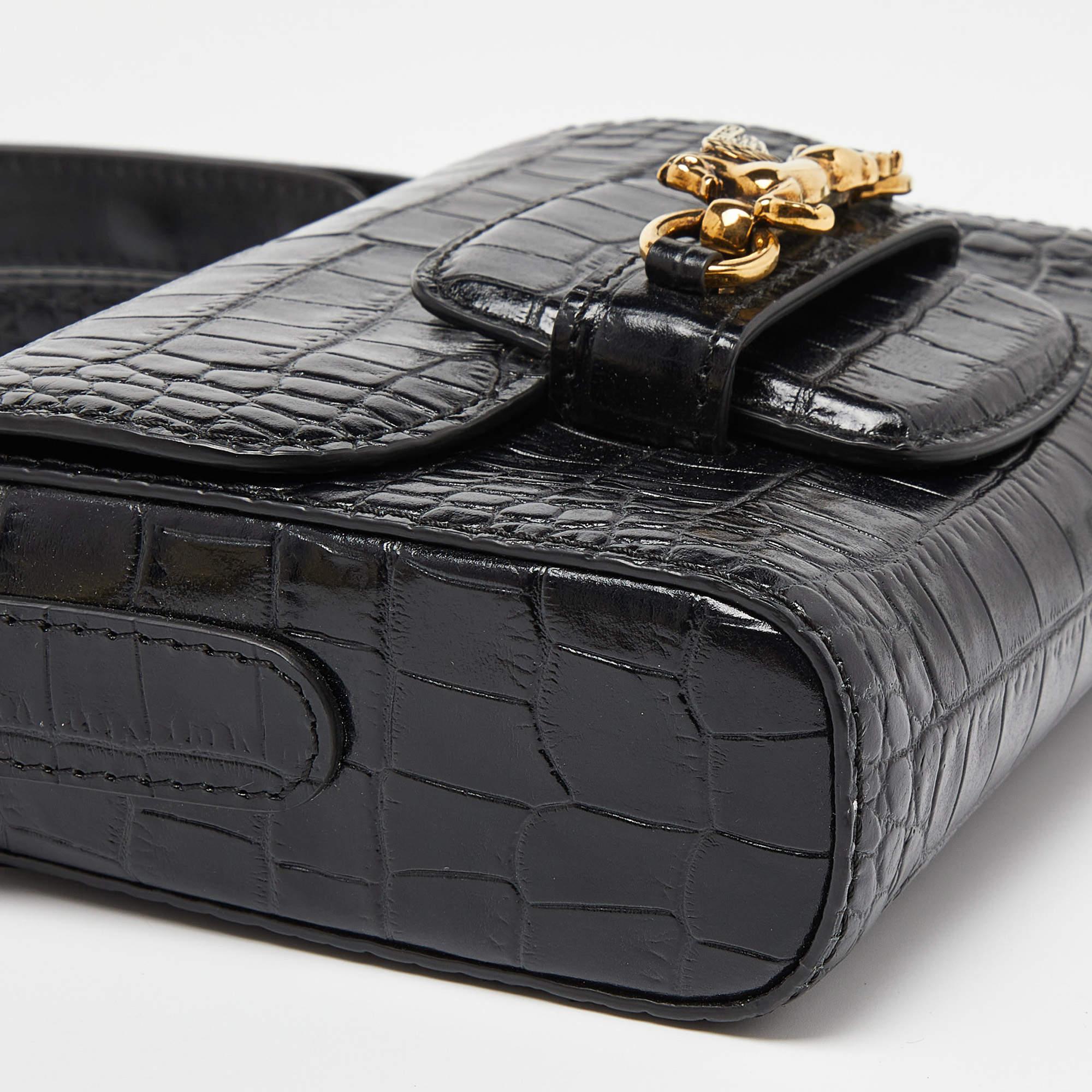 Etro Black Croc Embossed Leather Flap Shoulder Bag For Sale 9
