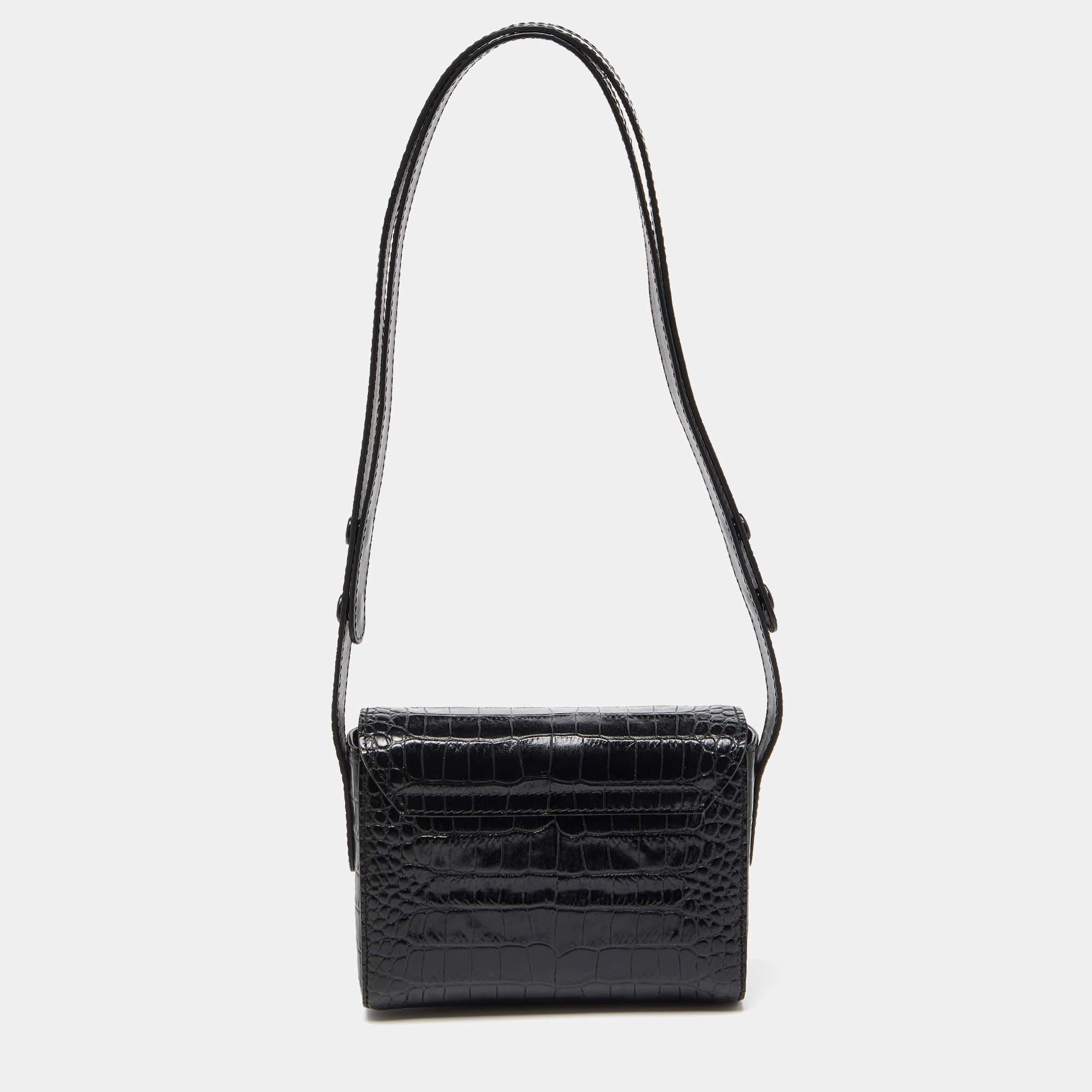 Women's Etro Black Croc Embossed Leather Flap Shoulder Bag For Sale