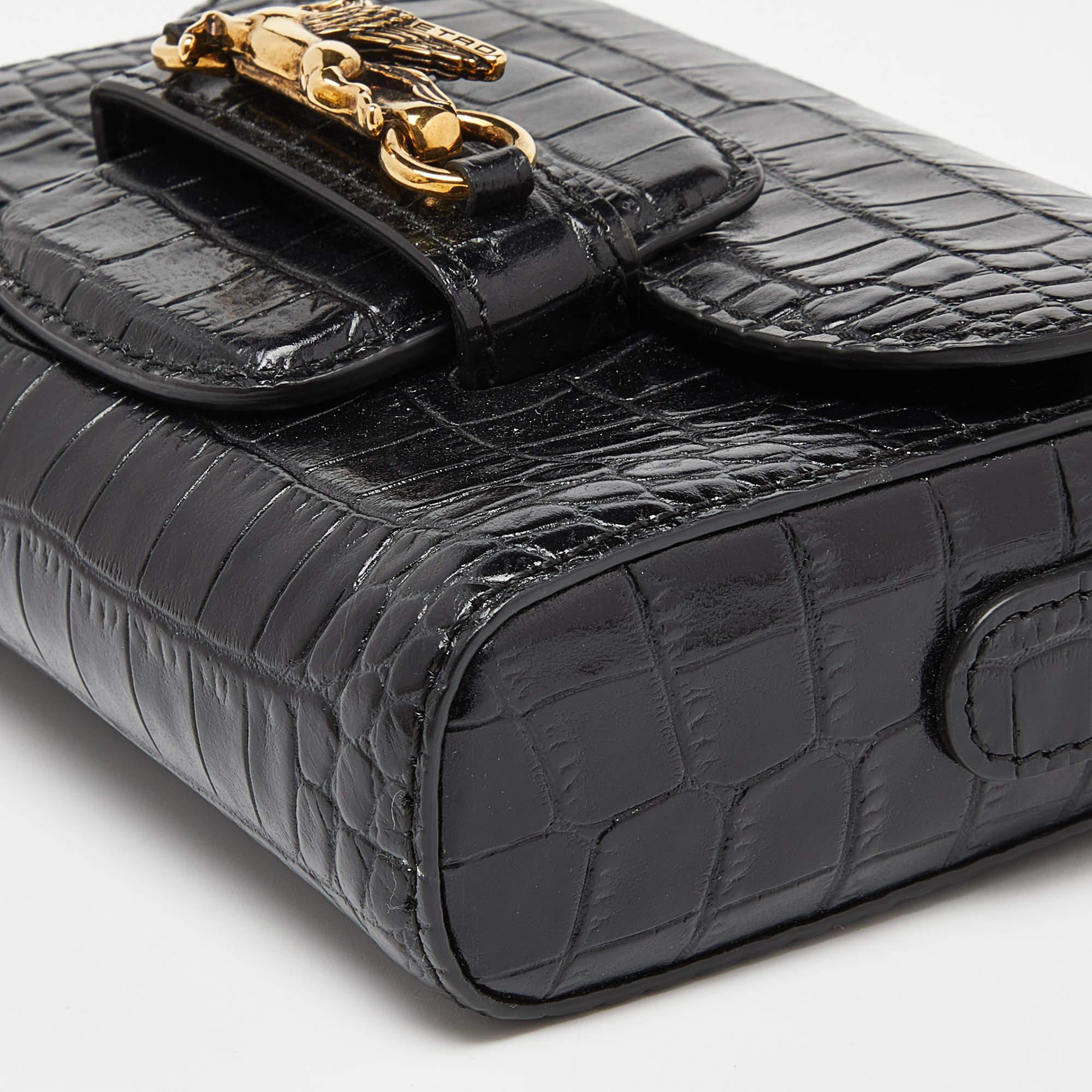 Etro Black Croc Embossed Leather Flap Shoulder Bag For Sale 1
