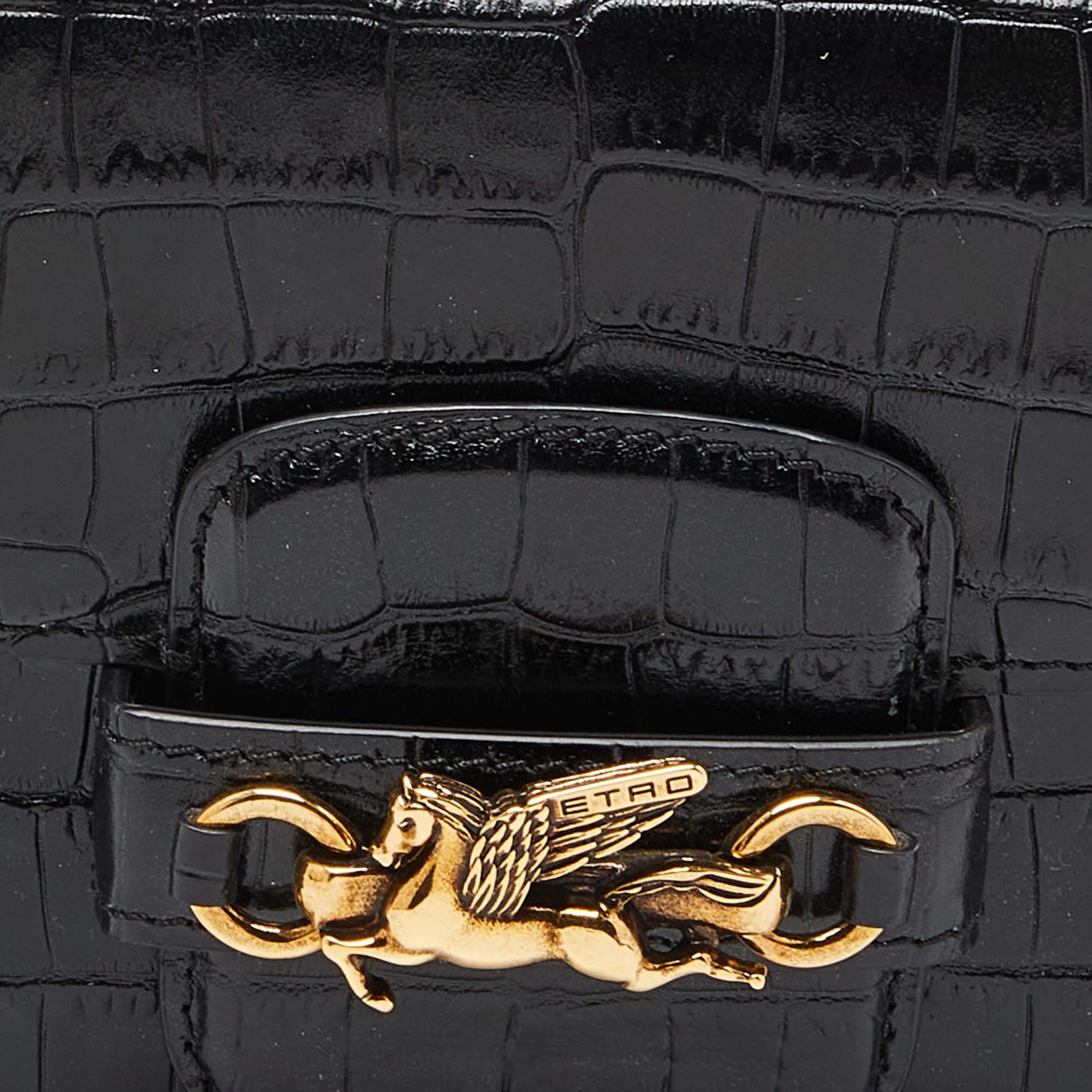 Etro Black Croc Embossed Leather Flap Shoulder Bag For Sale 2