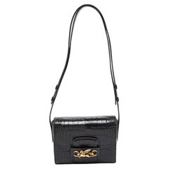 Used Etro Black Croc Embossed Leather Flap Shoulder Bag