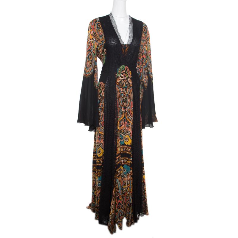 Etro Black Damask Printed Silk Lace Insert Detail V Neck Gown L In New Condition In Dubai, Al Qouz 2