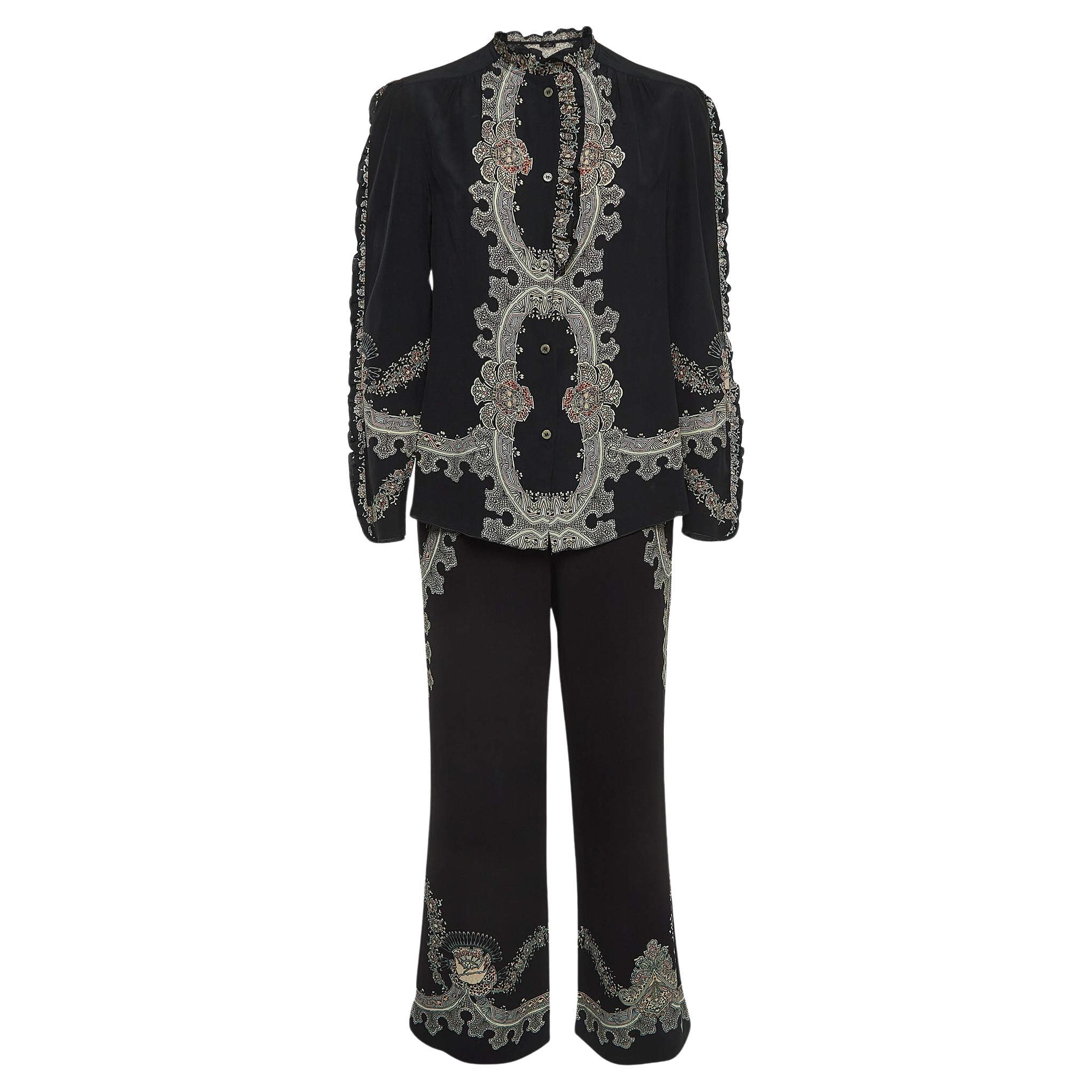 Etro Black Floral Print Silk and Crepe Ruffled Shirt and Trouser Set S