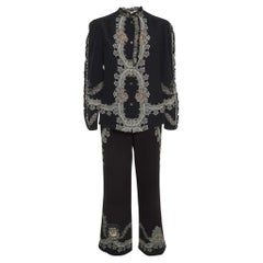 Etro Black Floral Print Silk and Crepe Ruffled Shirt and Trouser Set S