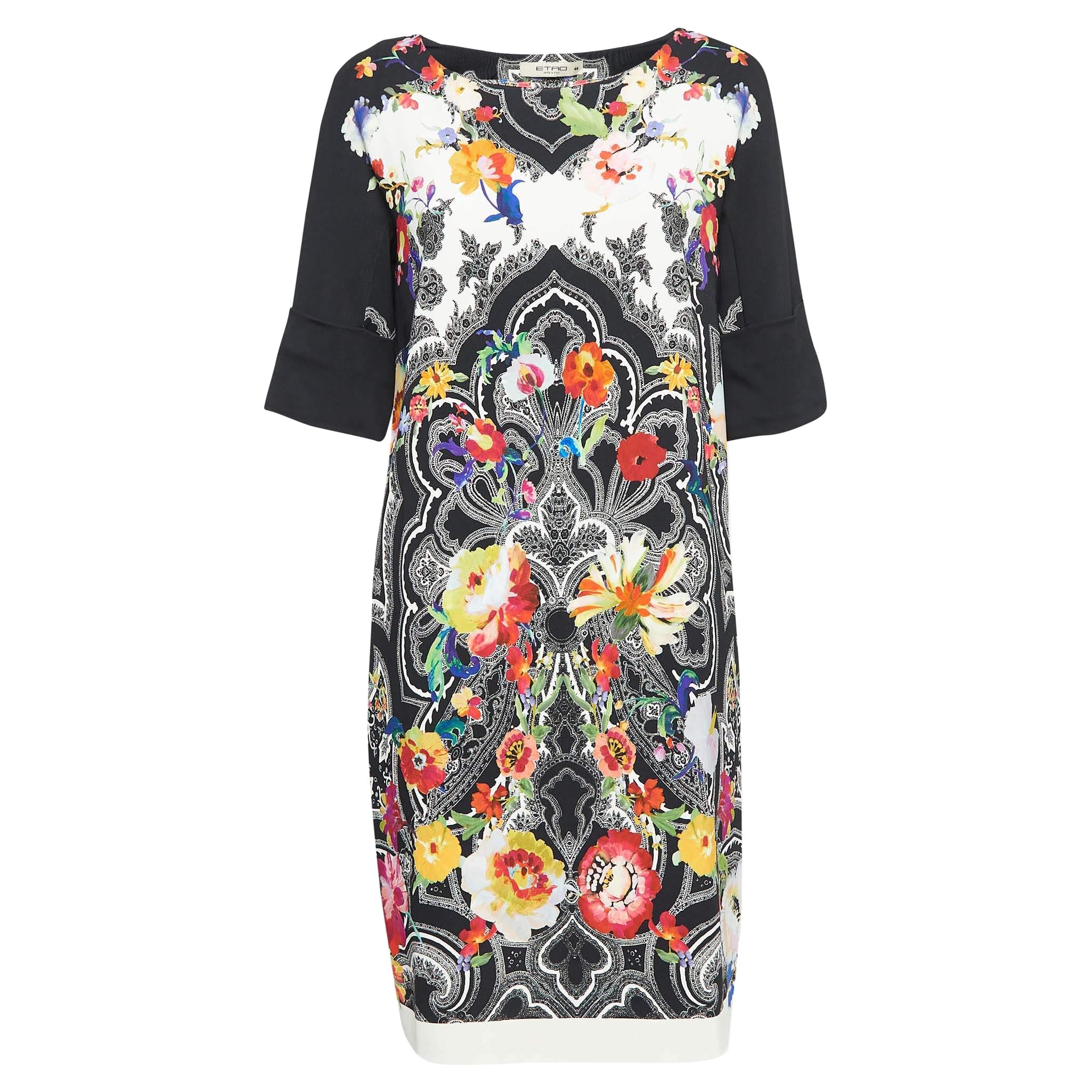 Etro Black Floral Print Stretch Crepe Shift Dress M