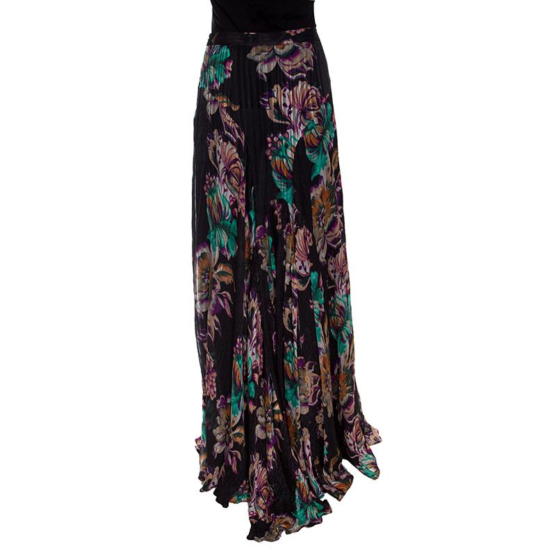 Etro Black Floral Printed Crinkled Silk Maxi Skirt M In New Condition In Dubai, Al Qouz 2