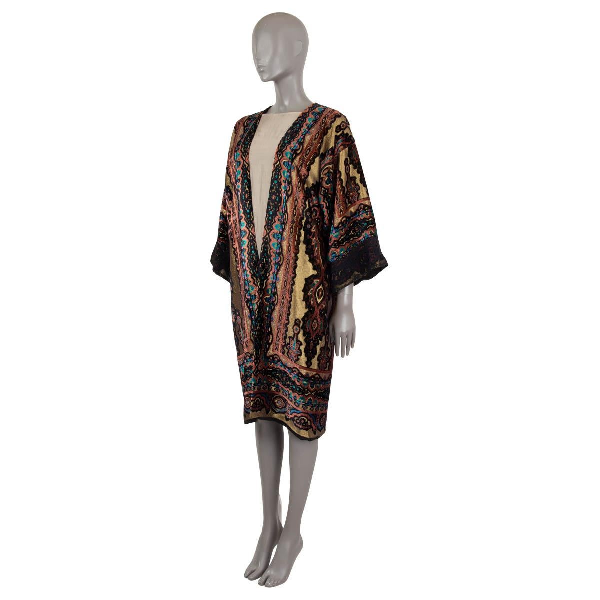 100% authentic Etro open topper coat in black, turquoise, rust, blue and purple velvet viscose (62%), silk (19%) and polyester (10%) with golden lurex (9%).The design features drop shoulders and wide sleeves embellished with black lace trim on the