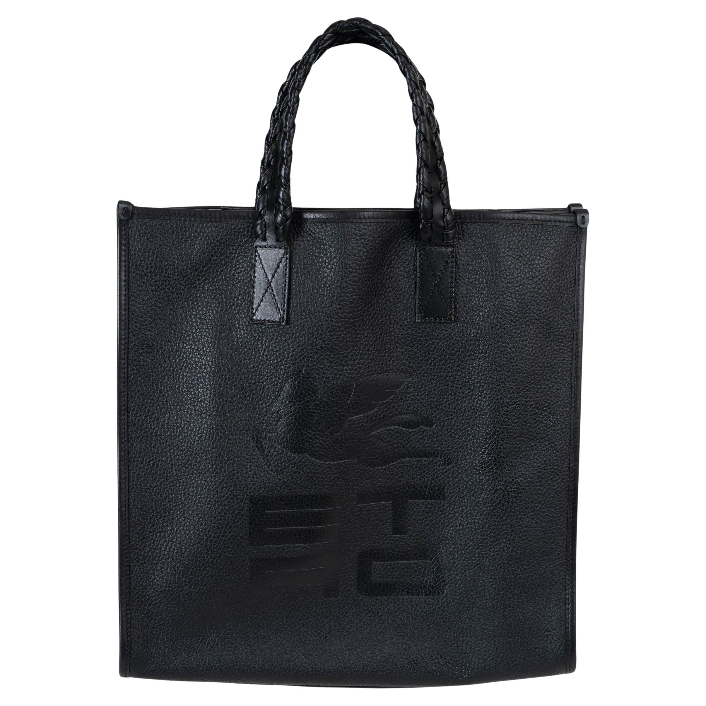 ETRO black grained leather LOGO Tote Bag