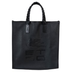 ETRO black grained leather LOGO Tote Bag