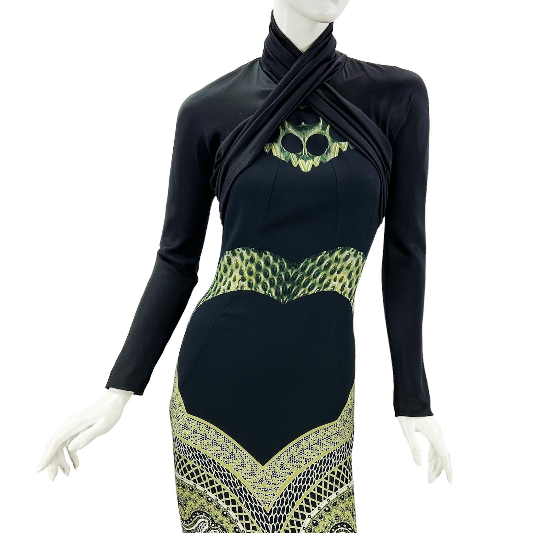 Etro Black Green Paisley Print Stretch Turtleneck Dress Gown Italian 40 In Excellent Condition For Sale In Montgomery, TX